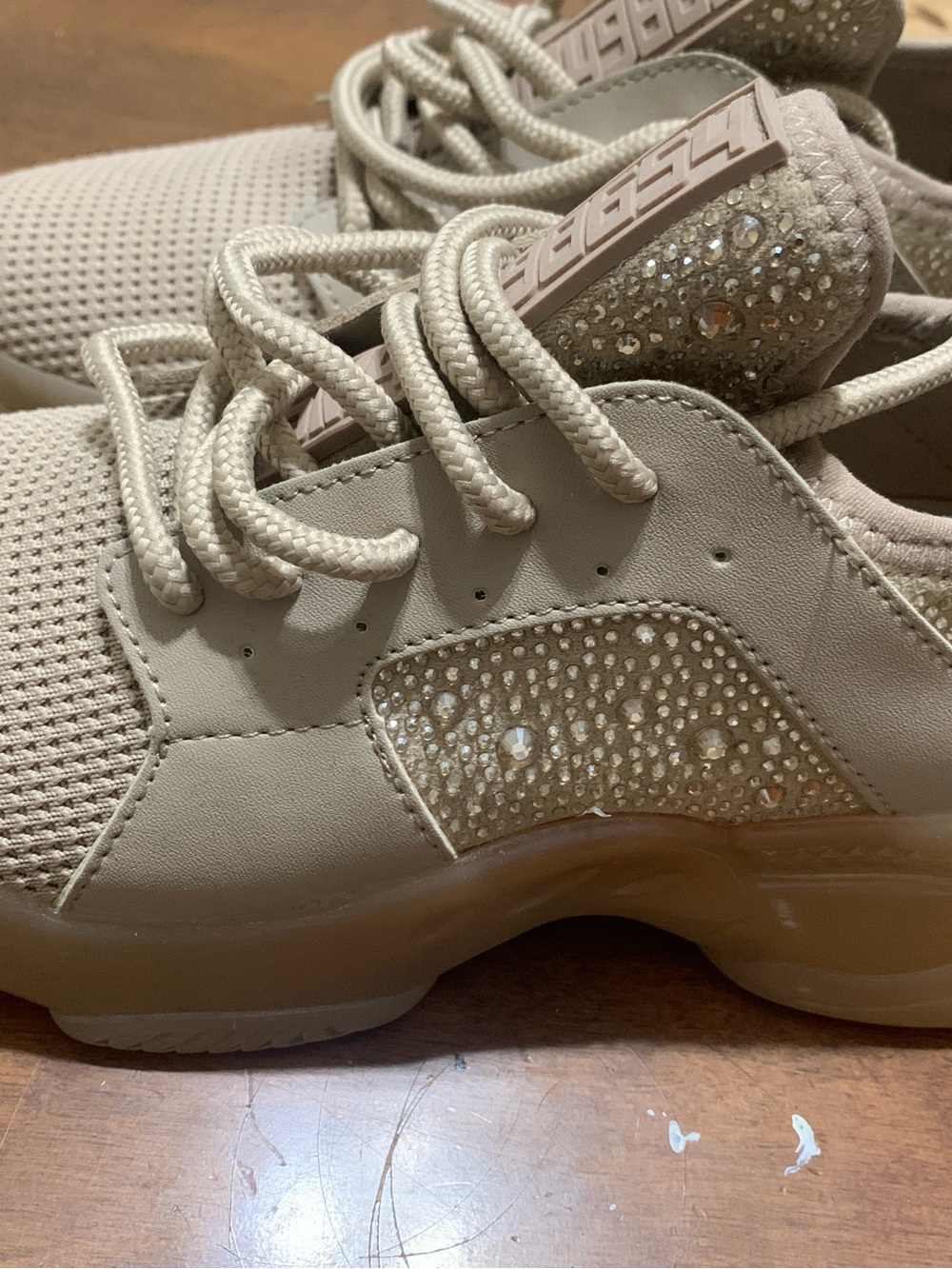 STEVE MADDEN Women's Beige Fashion Sneakers with Crystal Accent